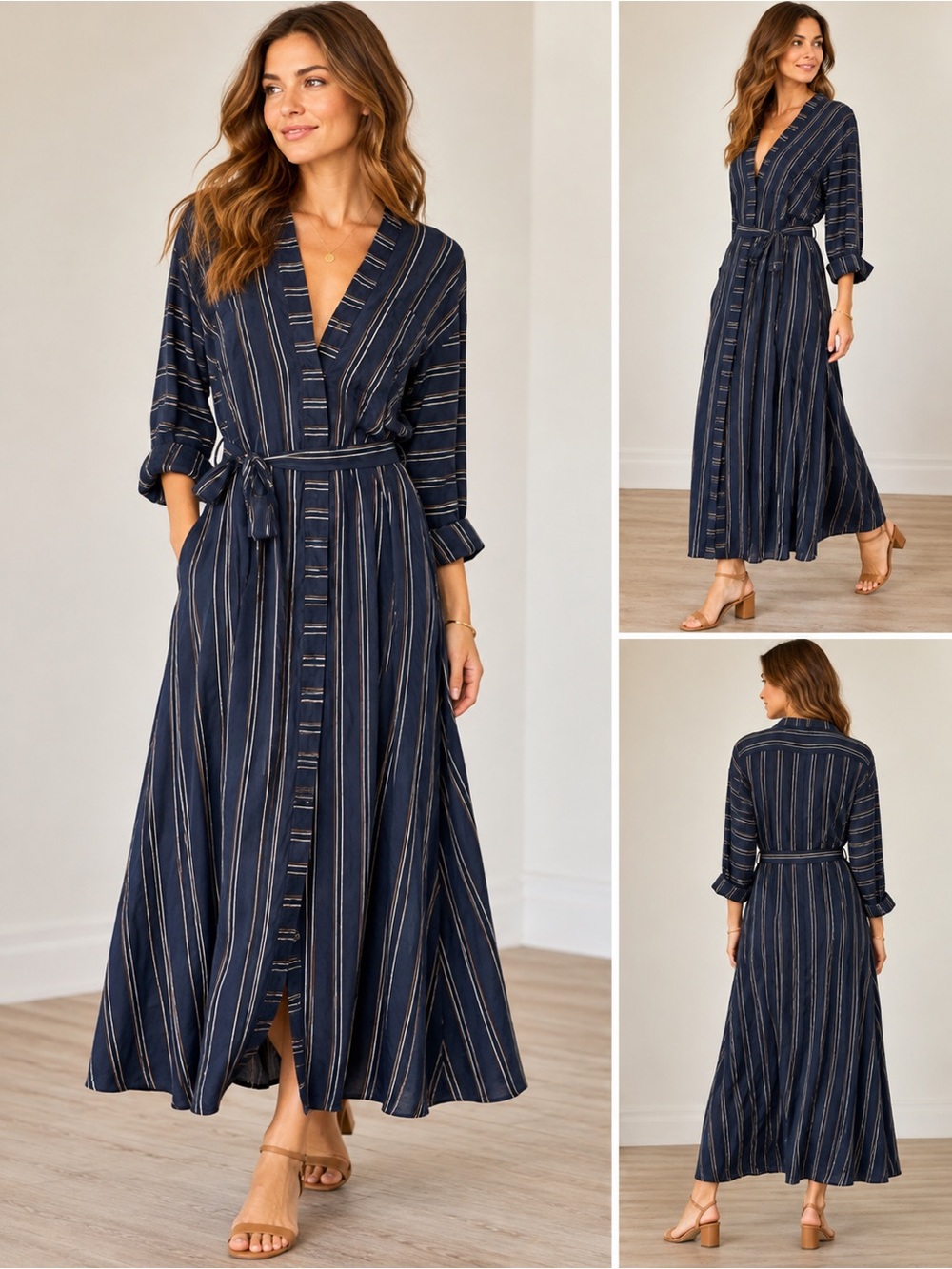 Club Monaco Navy Striped Belted Maxi Shirt Dress